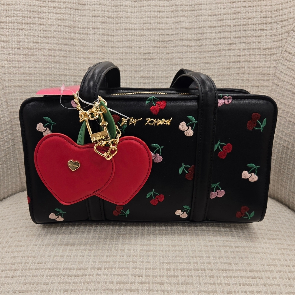 Betsey Johnson Black Satchel with Red Heart and Cherry Accents